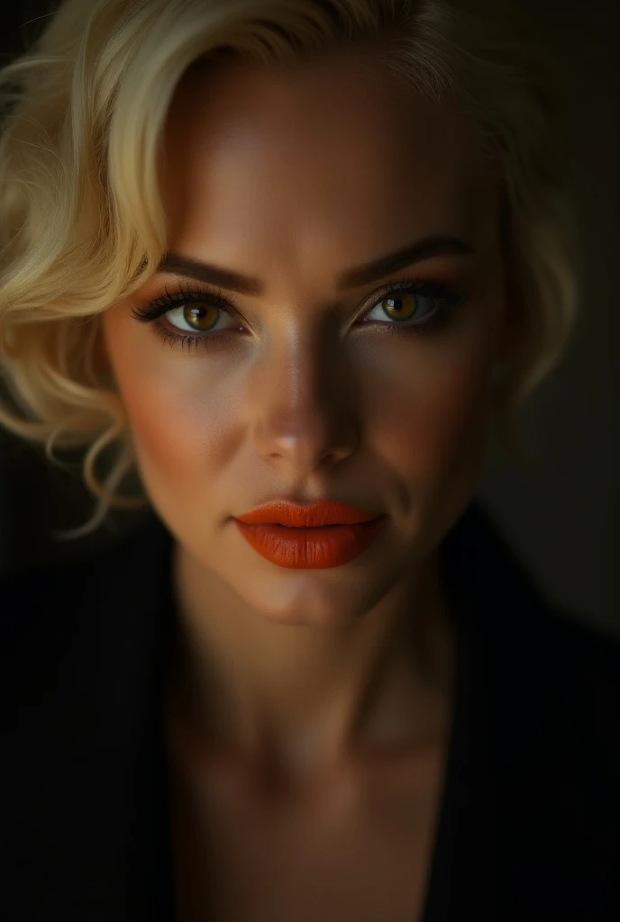 Close-up shot of Femme fatales sensual grin, the air thick with malevolence as she gazes directly into the camera. Her eyes seem to pierce through the lens, taunting us with her cunning and beauty. In a dark, dimly lit room, the sound of mournful whispers ...