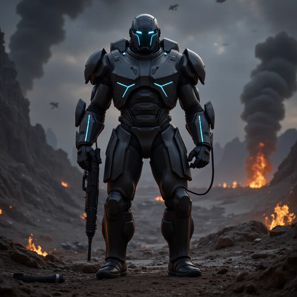 science fiction soldier in heavy armor. the soldier is clad in a high-tech, futuristic exoskeleton suit, featuring bulky, angula...