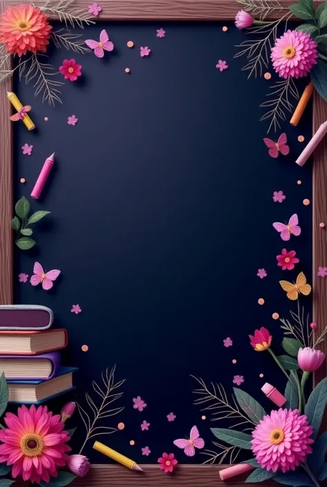 Create a poster. There is a blank blackboard, decorated with CHALKS, flowers, butterflies, pens, more books. The main color is purple, purple clearly shows PURPLE NOT PINK OR OTHER COLORS.dark purple is the main color 