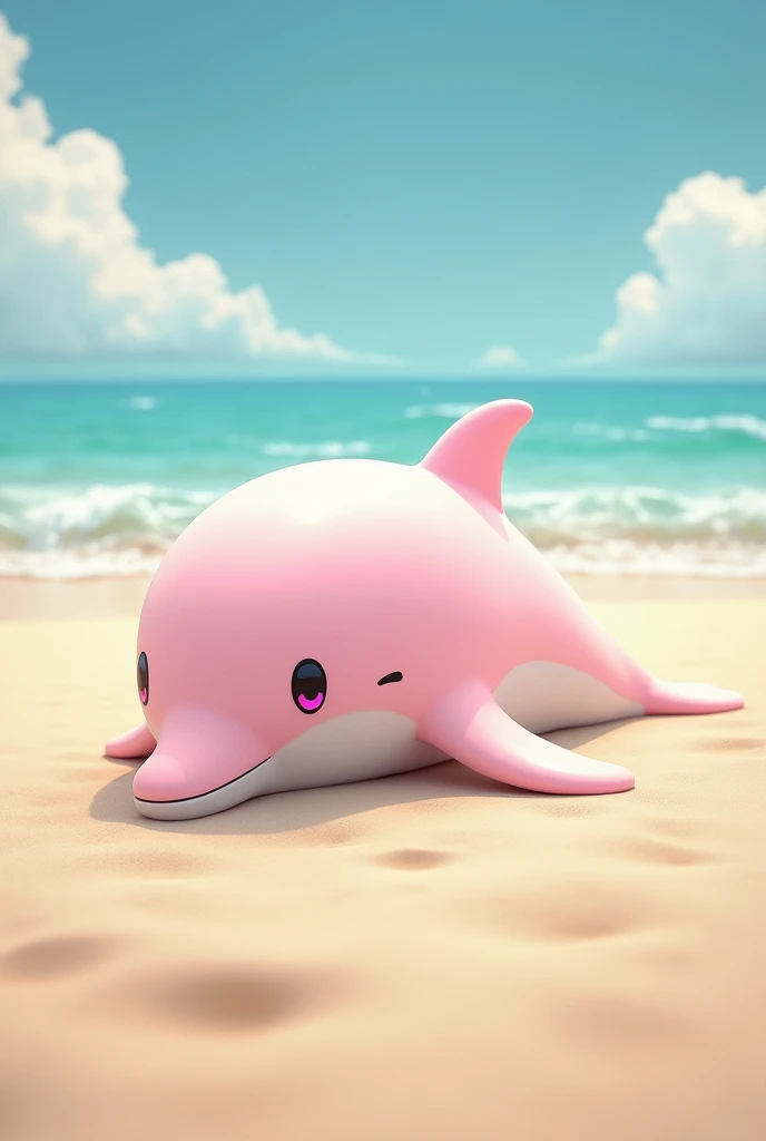 Anthros, a light pink dolphin with pink eyes, 173cm tall, lies in the middle of the beach