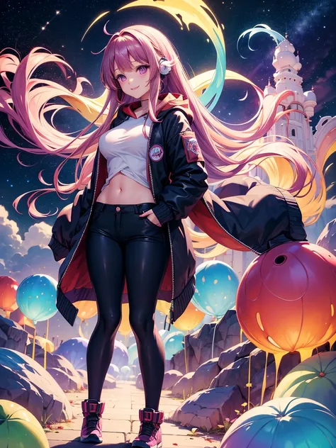  female middle school student，smile，beautiful女の子，ＳＦGirls of the World，Space Girl， Hair Hanging Over Her Ears ，So beautiful，Super cute girl， Long Pants ， Infinite Fashion ，future， Infinite Color Down Jacket， Evolved Cardigan ， long hair， has hands in pocket...