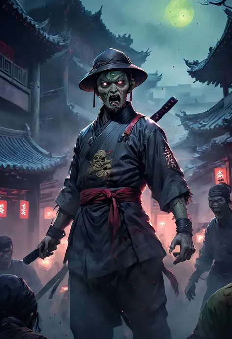 A terrifying Qing Dynasty zombie stands at the center with arms stretched out at a 90-degree angle, glaring menacingly forward. The zombie is adorned with a Zombie_hat. Below, a panicked crowd is depicted, fleeing from the pursuing zombie. The surroundings...