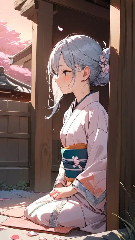 1 girl, ( cute face), ( asymmetrical hair:1.2),  Fantasy Anime Outfits, kimono,  beautiful patterned strip ,  small breasts,  Graceful Posture, break, Kyoto Temples, ( soft sunset :1.1), old wooden gate ,  Breathing of History , break, Cherry blossom petal...