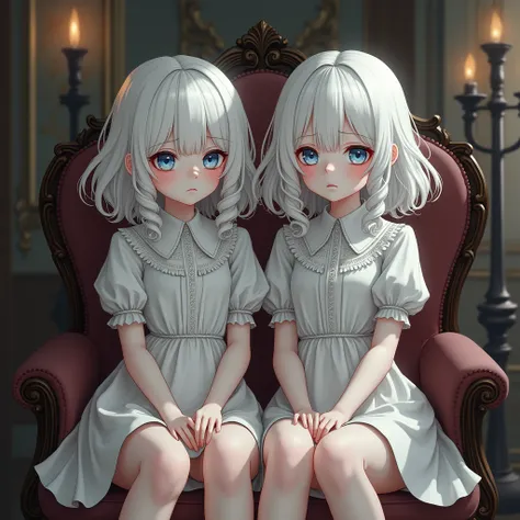 (2 cute twins albino girls), , blue eyes, skin white as snow, white victorian clothes, sad, very beautiful, cozy atmosphere, in a victorian house, medium curly white hair, elegant, detailed face, detailed eyes, detailed body, very realistic, fringes, cryin...