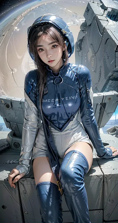 (masterpiece、Best Quality、 highest resolution、Clear_image、 Detailed Details ): ( Full body figure 、15-year-old girl、The Face of Japan、 small face with 6 wings、thin、 navy blue super short bob hair、  blue eyes、((Navy blue long sleeve space suit、 Space Helmet...