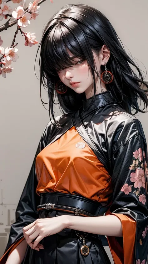 1girl, hair over eyes, black straight hair, small breast, light smile, floating hair, grey and orange tectical kinono, Harness, grey and orange tectical tech wear, flower decoration, kpop idol, cherry blossom, toist motif(0.5), masterpiece, best quality, P...