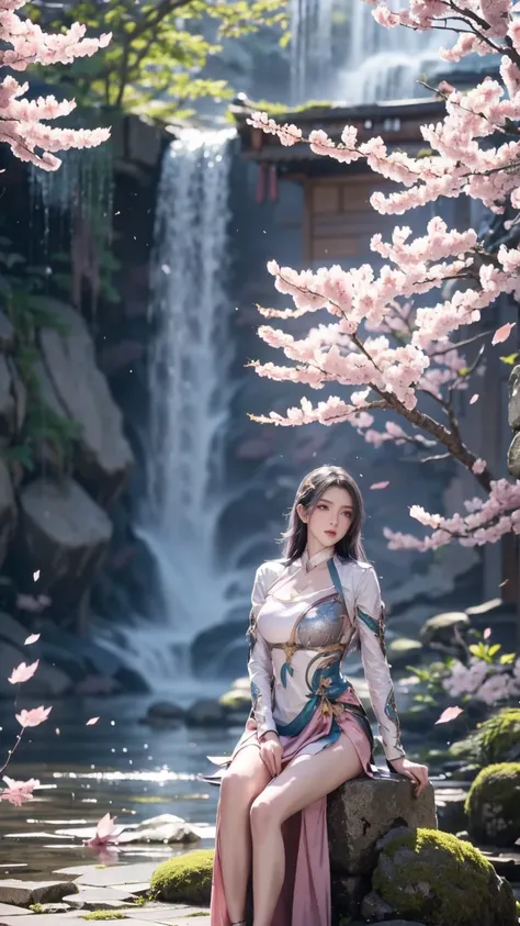 1girl, Solo, High Resolution, 8K Octane, behind waterfall, Behind Pink Sakura tree and Falling leaves
