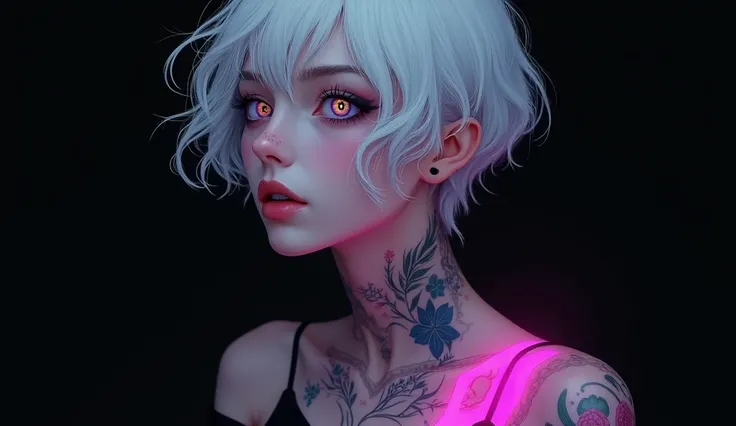 (1 young woman ),(Masterpiece, Top Quality, Best Quality, Official Art, Aesthetic:1.2),(empty eyes deep light purple color:1.4),(Fragile and languid atmosphere:1.2),parted_lips,(Fluorescent pink tattoo on neck and arms:1.4),looking away,Short hair with sli...