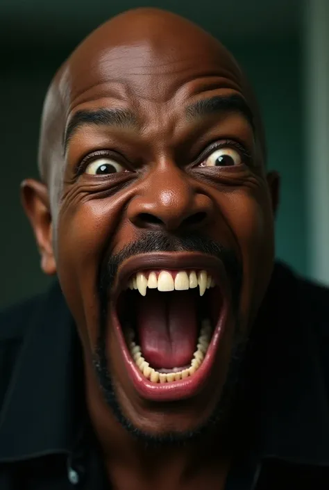 Samuel L Jackson eyes and mouth wide open,laughing hard, high on methamphetamine. 