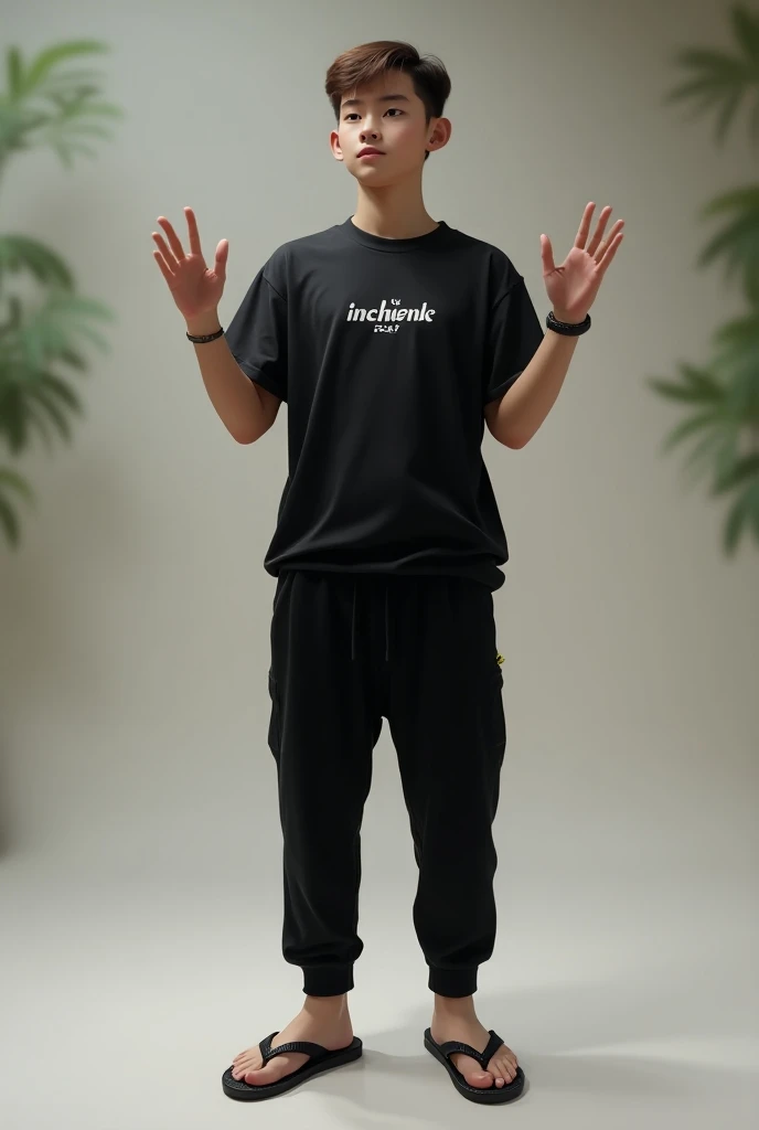 (photorealism:9:16), a young man standing  , black t-shirt top with kalemwih writing ,  underpants wearing black jogger pants flip flops,  waving his hands  ,  background blur clear image quality , to det