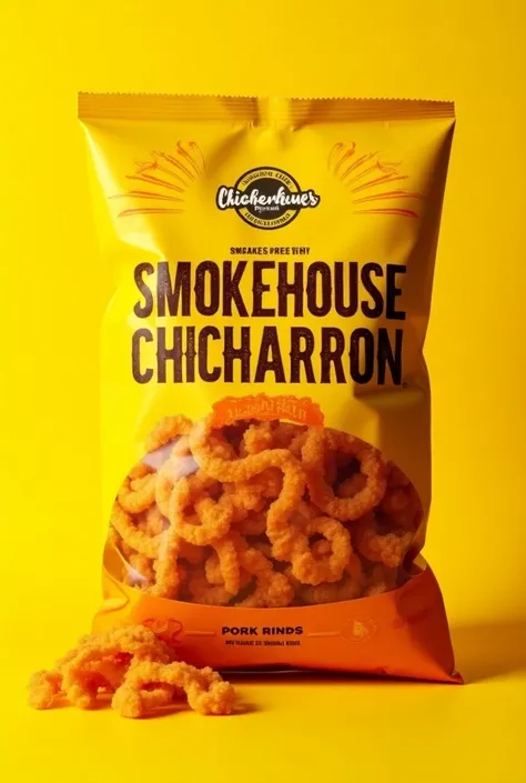 Create a yellow processed chicharron package without a logo but write the name of the product Smokehouse chicharron