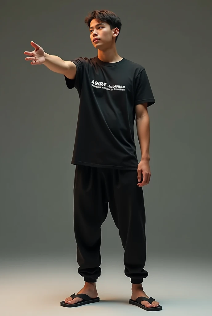 (photorealism:9:16), a young man standing  , black t-shirt top with kalemwih writing ,  underpants wearing black jogger pants flip flops, is reaching out right hand   ,  background blur clear image quality , to det