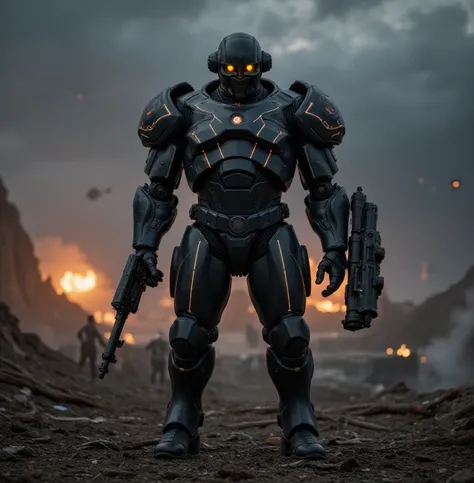 full body shot, evil villain, invader, science fiction soldier in heavy armor. the soldier is clad in a high-tech, futuristic ex...