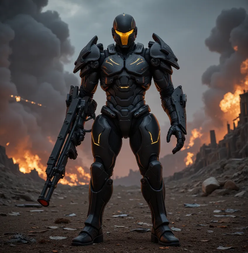 full body shot, evil villain, invader, science fiction soldier in heavy armor. the soldier is clad in a high-tech, futuristic ex...