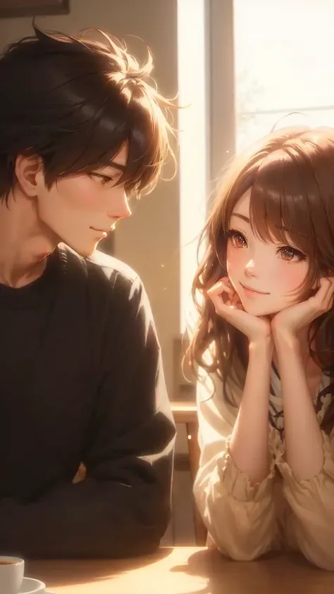 anime couple sitting at a table with coffee and a cup, anime. soft lighting, cute anime, beautiful anime, with cute doting eyes, anime picture, sakimichan and makoto shinkai, anime visual of a cute girl, smooth anime cg art, guweiz and makoto shinkai, phot...