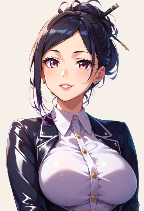 Front view, In front 、3/4 view 、Ultra-detailed illustrations、Ultra-precise expression、masterpiece、Best Quality、ultra High resolution、High resolution、takeda hiromitsu style、White Background、Simple Background、Nylon suit、Black Hair、Hair up、Expressionless、smil...