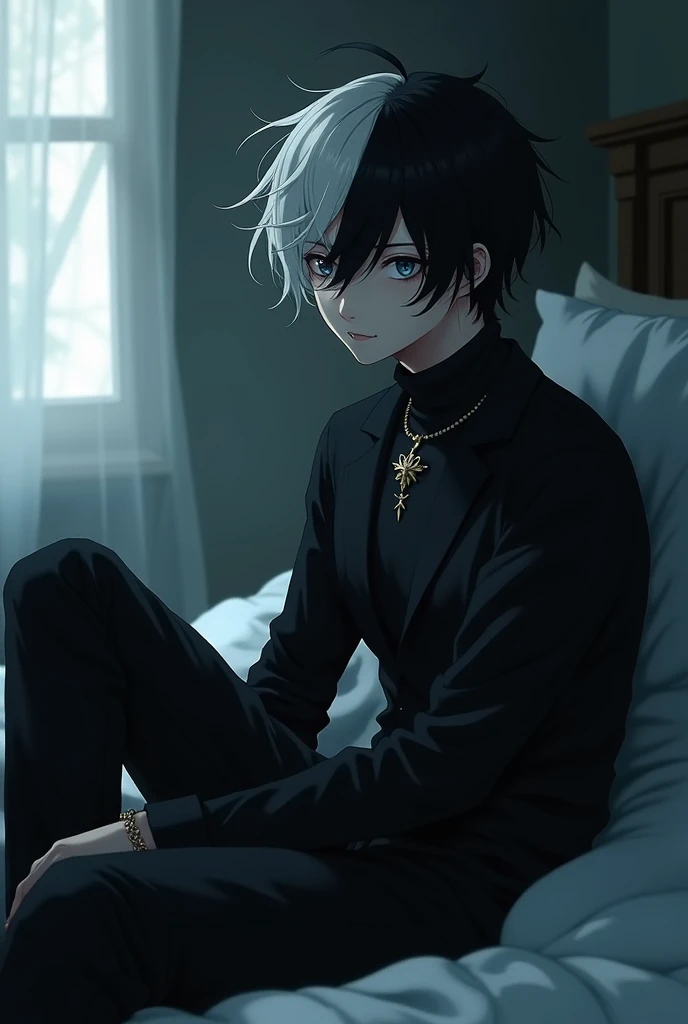 A beautiful anime boy with black and white hair wearing a beautiful outfit sat in a corner near the bed with extremely expressionless eyes.