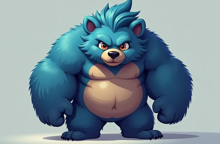 I want to create a 2D character, with lots of hair, a bear, blue fur, red-orange eyes, male gender, big strong body, big penis