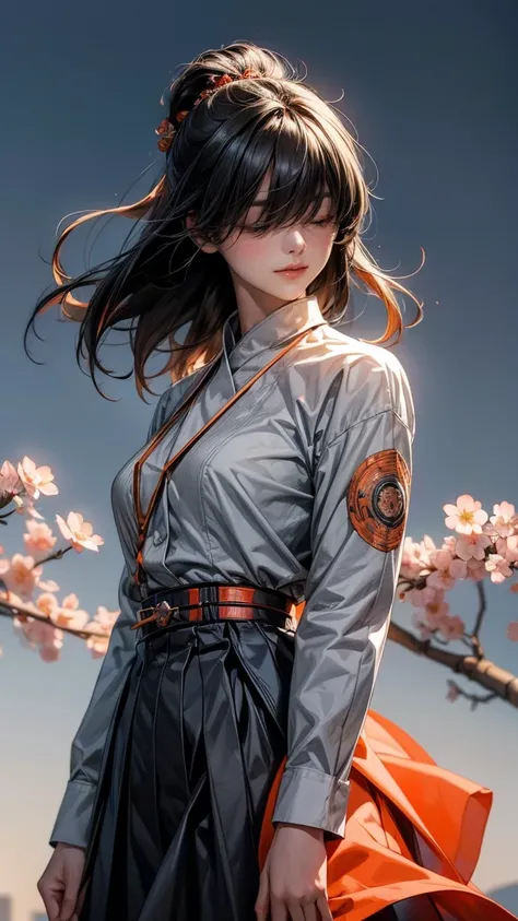 1girl, hair over eyes, black straight hair, small breast, light smile, floating hair, grey and orange tectical kinono, Harness, grey and orange tectical tech wear, dress shirt, flower decoration, cherry blossom, toist motif(0.5), masterpiece, best quality,...