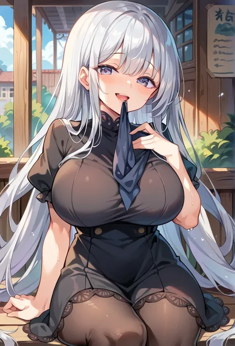  black dress　 Silver Hair Long Straight　Large room　   White Lace Tights 　 very long hair,   Huge Breast Blushing , saliva, happiness/joy,   dress　　Around town　Outdoor　outside
Open Legs 　Around town　 very long hair,  close your mouth, smile,   Sweaty 