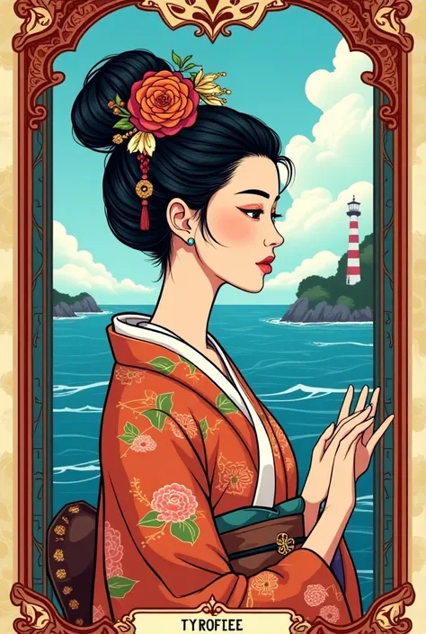 Create a bright colorful cartoon style tarot card illustration , close-up of an incredibly beautiful Chinese goddess in a kimono looks out of the window of a sea lighthouse in the Waite-Smith Tarot style business card Tarot tag