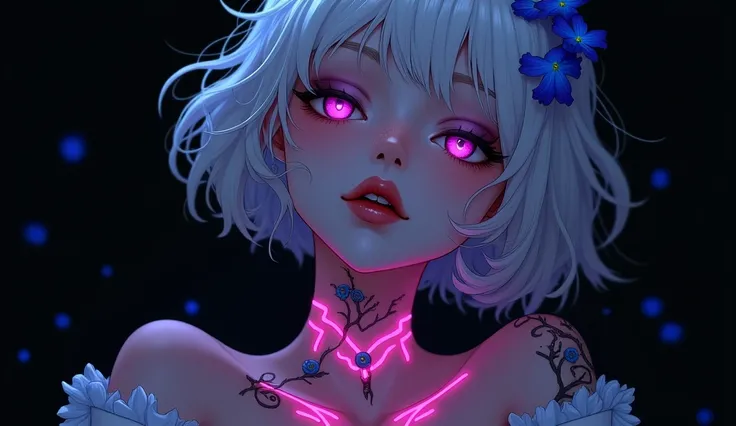 (1 young woman ),(Masterpiece, Top Quality, Best Quality, Official Art, Aesthetic:1.2),(empty eyes deep light purple color:1.4),(Fragile and languid atmosphere:1.2),parted_lips,(Fluorescent pink tattoo on neck and arms:1.4),looking away,Short hair with sli...