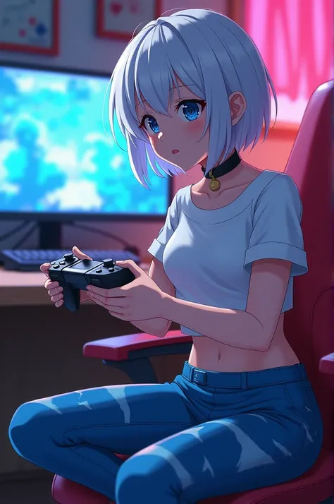 Screenshot from My Hero Academy of a girl with short white hair and blue eyes and a tight black collar, a short white shirt and blue pants with a ray pattern and is playing video games 