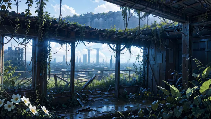  Beautiful World at the End of the Century 、 Fantastic and Desolate Nature 、 Green-Covered Ruins 、 Cities Overgrown with Plants 、 Flowers Blooming on Decayed Buildings 、 Ruins Wrapped in Warm Light 、Beautiful colors、High definition 8K、 Nostalgic Atmosphere...