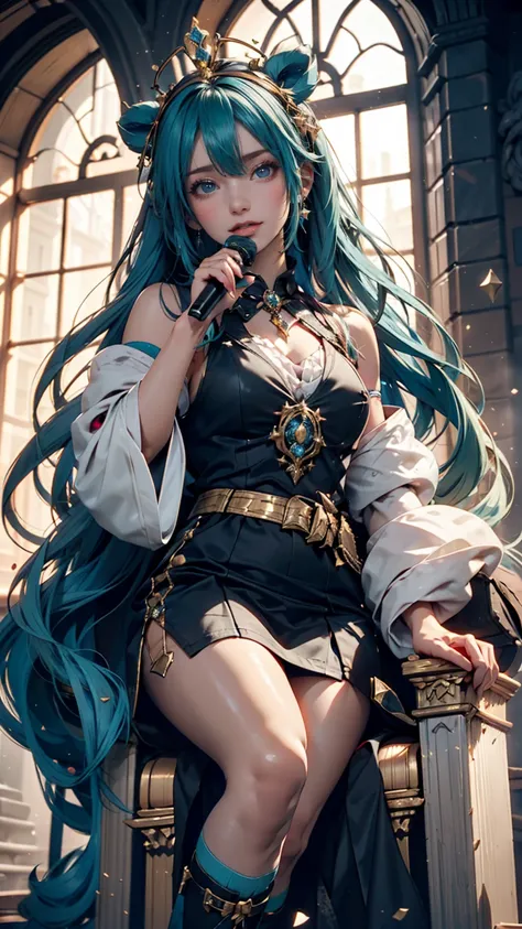  1 girl,  Hatsune Miku, Princess Costumes,  crowns, gold, ((throne)), Inside the castle, middle ages, Wearing a blue vest, One foot on the ground, The calf of the other leg is facing outward, Hold the microphone with one hand, Put your other hand over your...