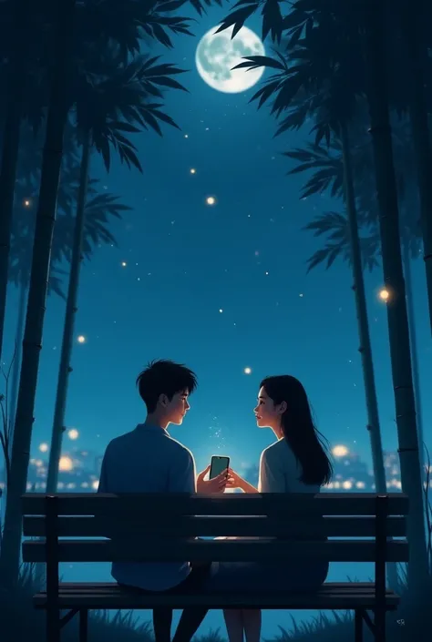 young couple sitting on a park bench, surrounded by tall bamboo trees. The serene night sky filled with stars and a large, bright full moon that illuminates the scene with a soft blue glow. The couple is sitting close, gazing towards the horizon, with the ...