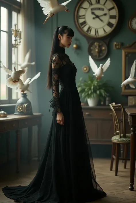 A fabulous 22-year-old Chinese-English young woman with long dark hair in a luxurious 1930s undercut stands in a steampunk-inspired room filled with a flock of white cyborg pigeons with golden mechanisms. She wears a luxurious black lace gothic dress with ...