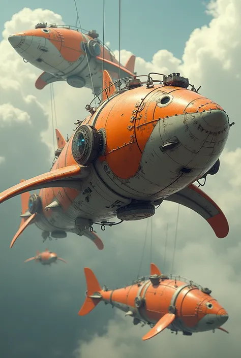 a technical study of airships in the sky. The shape of the airships resemble sea creatures. like fish, sharks, whales and kraken. The airships are orange and white, with gondolas and protruding devices, jet engines and propellers, made of recycled material...