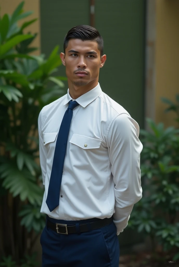 Ronaldo wearing a school uniform in indonesia (shirt white, pants blue, tie blue) looking back. 