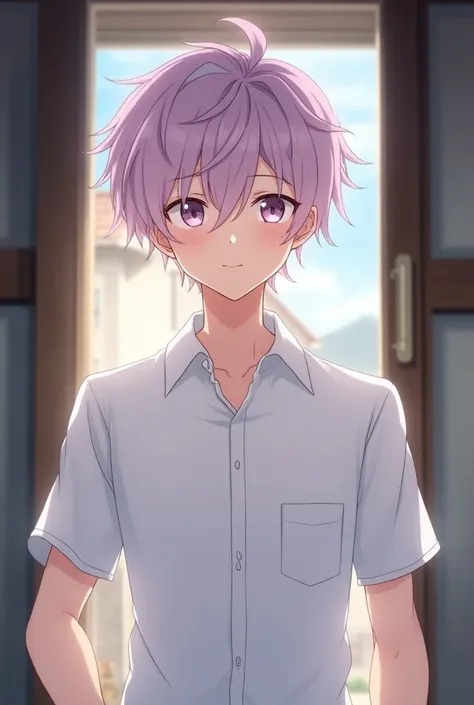 An extremely handsome anime boy wearing a white shirt stood outside the door, welcoming him with light purple, slightly pink hair and a slight smile.