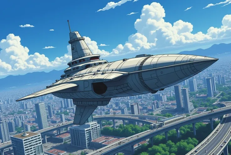 DVD screenshot from the 1996 anime . A flying ship in the sky over a Japanese metropolis. anime, Anime style.