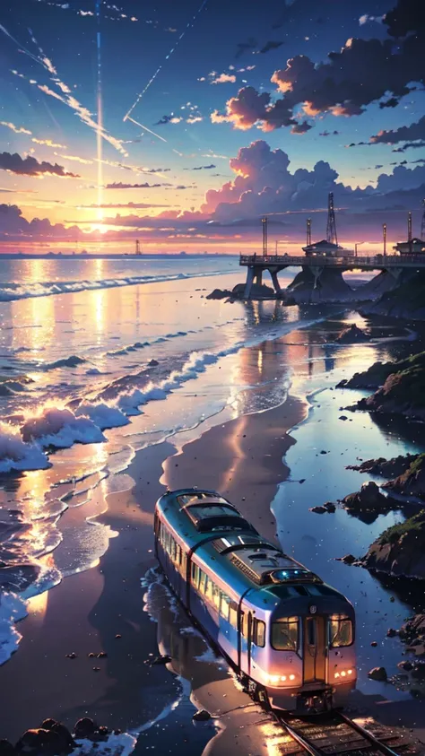  High Quality Masterpiece  ，landscape，Reflector。 Works by Makoto Xin Haicheng,  beautiful anime scene , アニメのlandscape, 詳細なlandscape ,  Animation of a train running over  , Makoto Shinkai style，Blue Sky,morning, Photo Elements  　Seaside　pier　 casual clothes...