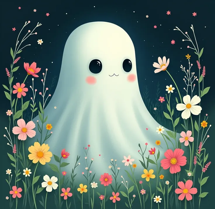 here is a cute ghost among the flowers,surrounded by various flowers and green leaves,in the style of Daisuke Higuchi. A full-body portrait with a mysterious atmosphere.surrounded by various flowers against a dark background, in the style of an oil paintin...