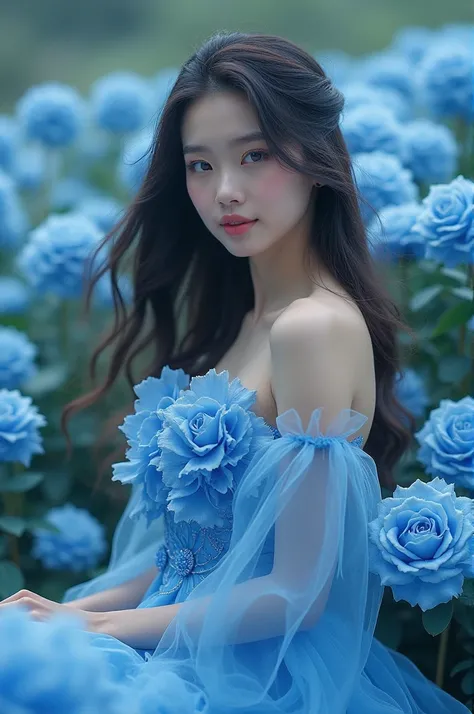  Beautiful asian woman ,  long hair wears dress resembling blue roses,  blue flower garden background , masterpiece pict ,  high quality pict , ( five pingers ,) (  perpect anatomy ) 