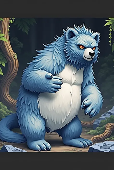 a male bear with blue fur, red-orange eyes, long hair, muscular body, hyper-realistic, 8k, high quality, photorealistic, fantasy art, concept art, digital painting, cinematic lighting, dramatic lighting, vibrant colors, detailed textures