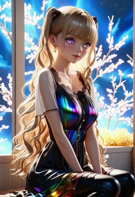 a woman,mahiru shiina,Long golden hair, iridescent eyes,athletic hourglass figure,sitting in jk nightgown .masterpiece, super detail,detailed eyes, best quality, 8k,3d