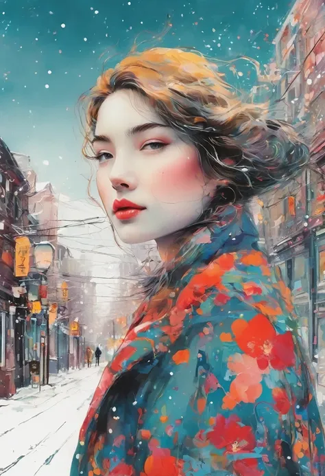  Terada Katsuyas Style,  Give the card to，Moniuss Art 、Girl waiting for her lover in a winter city、 Simple Line Acronyms，Abstract art，Urban Background, (((The most beautiful girl))), Eyes in Love, walk, Colorful snow、Pop surrealism、