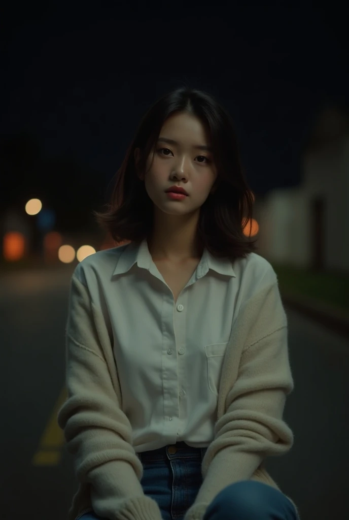 masterpiece，(Best picture quality)，Higher quality，High Detail，(Ultra-high resolution)，8K resolution，Depth of Field，A Chinese delicate beautiful girl with medium hair，Wear a white button-down shirt。The butt is raised wearing jeans at night on the side of th...