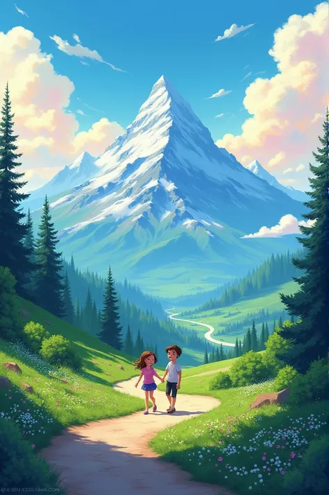 It seems like youre describing a beautiful scene with nature, a mountain, a road, and a girl and boy. Would you like me to help you write a poetic description or a short story based on this imagery? Heres an example based on your idea:

---

The sky above ...