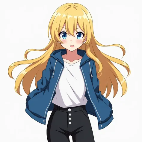 My Hero academia style oc girl with long blond hair open, Blue eyes no sexy clothes, Blue Jacket, White long-sleeve Shirt, Black Pants