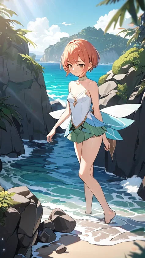 1 girl, ( cute face), ( pixie cut:1.2),  Fantasy Anime Costumes,  small breasts,  natural smile, break, Yakushima coast , ( bright sunlight:1.3), Blue sea and sky,  gentle waves , break,  plants on rocks ,  beautiful view,  free air , absurdres,  highres i...