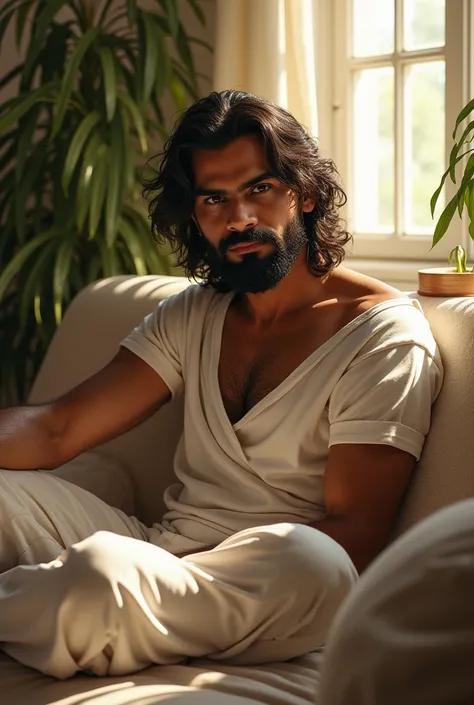 (photorealism:1.2), beautiful Virat, sitting on ,car wearing loose off-shoulder top, pajama pants, long curly hair, indoors, soft lighting, plants in background, window with sunlight, cozy room, relaxed pose, realistic, intricate details, warm colors, by G...