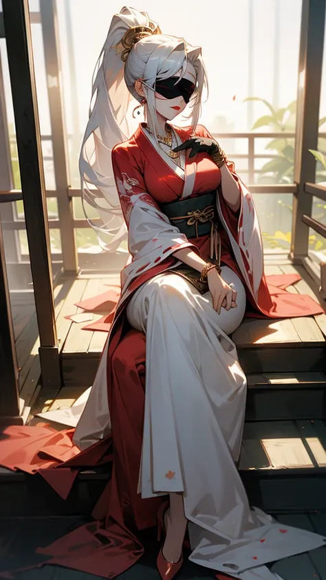 A girl with a ((blindfold)) on eyes,white hair, ponytail hairstyle, Highly detailed face,red lipstick, sword in hand, perfect fingers,long hair, wearing a kimino, black and white kimino, sitting on stairs, Japanese temple stairs , full body view, mature wo...