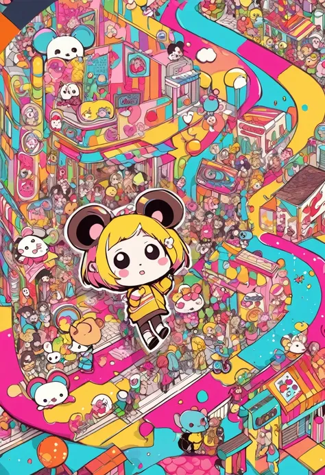 (masterpiece, best quality),crisped illustration,pop-style art, kawaii,chibi-girl(mouse ear) walking through a doodle-like street,,cheerful,
,splash color, collage art, 