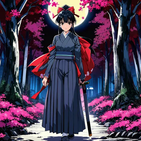 
Full body, Zenithal plane, standing, ((((Anime)))),(manga grade)), (otaku-approved)), Japanese style, youthful girl, black hair, ponytail, brown eyes, upturned nose, full lips, medium breasts, slim hips, slim thighs, slim ass, hakama net, wields a katana,...