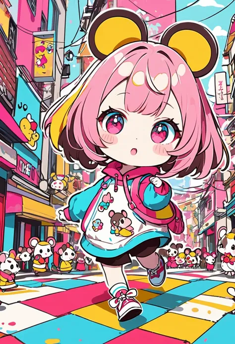 (masterpiece, best quality),pop-style art, kawaii,chibi-girl(mouse ear) walking through a doodle-like street,,cheerful,
,splash color, collage art, 